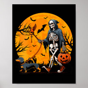 Poster L'Halloween féminin conduit le chien squelette de