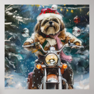 Poster Lhasa Apso Chien à cheval Moto Noël