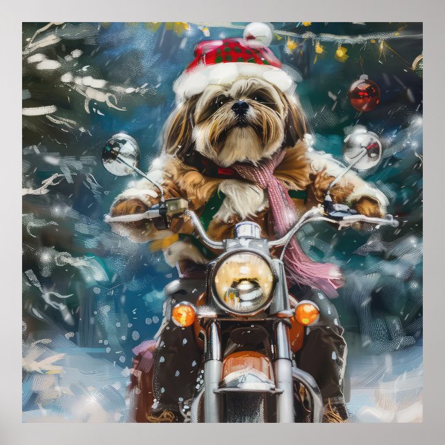 Poster Lhasa Apso Chien à cheval Moto Noël (Devant)