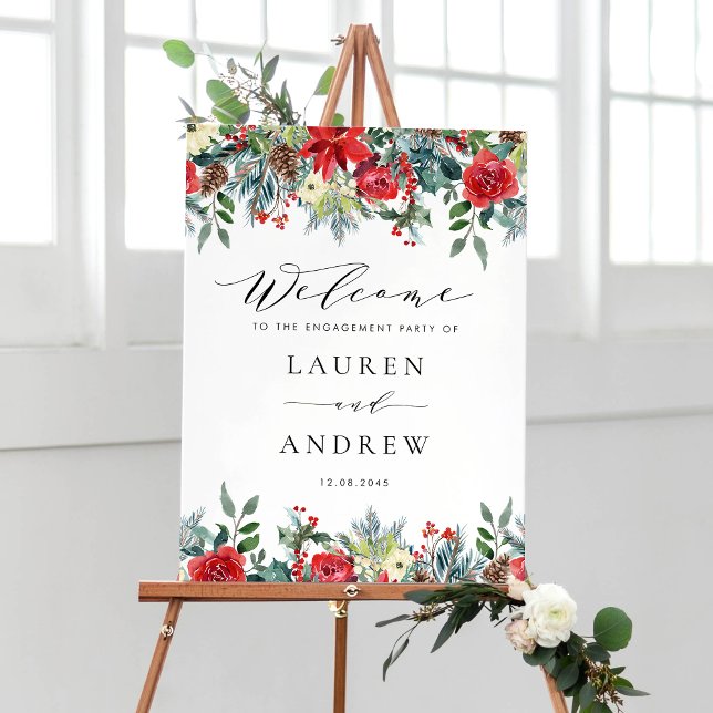 Poster L'hiver fleurit Floral Garlands Mariage (Customizable botanical engagement party sign featuring watercolor winter flowers and greenery. )