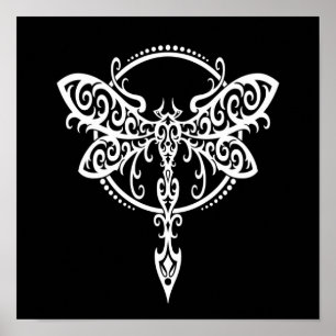 Poster Libellule blanche de tourbillonnement sur le noir