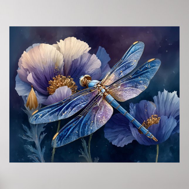 Poster Libellule bleue aux ailes dorées (Devant)