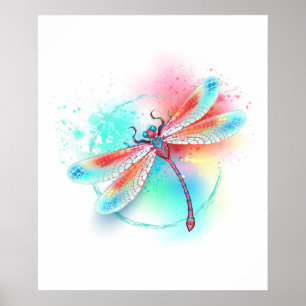 Poster Libellule rouge sur fond aquarelle