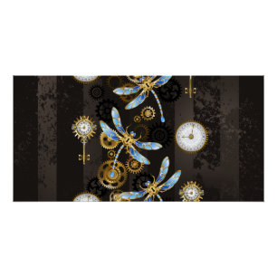 Poster Libellules Steampunk sur fond brun rayé