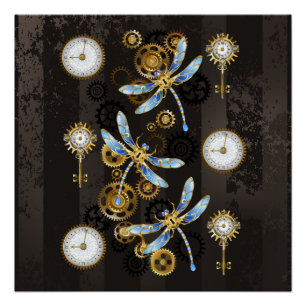 Poster Libellules Steampunk sur fond rayé marron