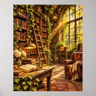 Poster Librairie Abandonnée - Lumière Matinale Dorée