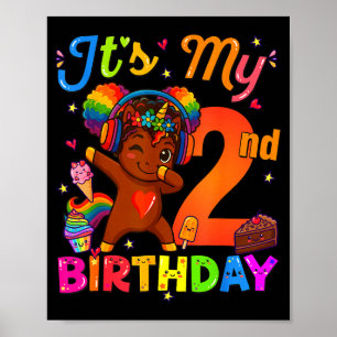Poster Licorne Afro Fille 2ème Anniversaire Cheveux Natur