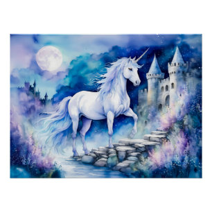 Poster Licorne blanche aquarelle boho près d'un vieux châ