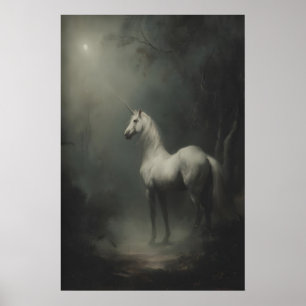 Poster Licorne Blanche Vintage Dans Une Forêt Sombre Au C