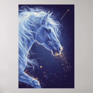 Poster Licorne Bleue Mystique dans un Ciel Nocturne Étoil
