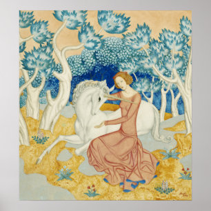 Poster Licorne et jeune fille de la forêt bleue fantaisis