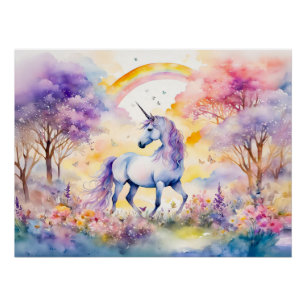 Poster Licorne majestueuse à l'aquarelle sous la floraiso