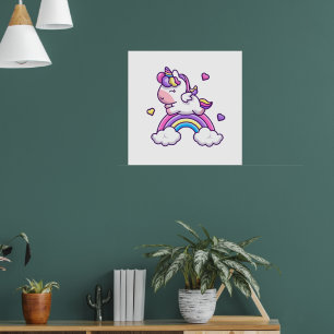 Poster Licorne Mignonne Avec Dessin Animé Arc-en-Ciel