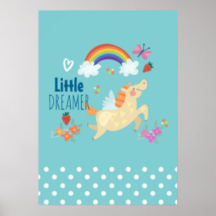 Poster Licorne Nuages et Fleurs d'Arc-en-Ciel Petit Rêveu