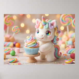 Poster Licorne pastel avec Cupcake arc-en-ciel