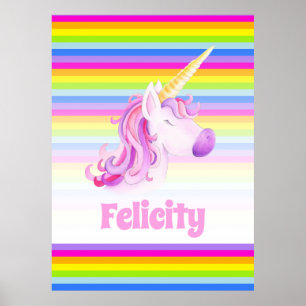 Poster Licorne rose et rayures arc-en-ciel nom personnali