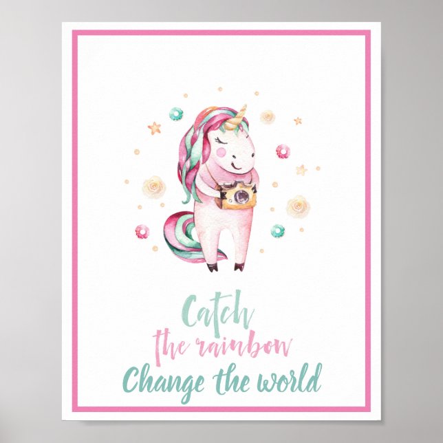 Poster Licorne Rose Inspirante Attrape l'Arc-en-Ciel pour (Devant)