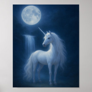 Poster Licorne sous la lumière lunaire mystique & Cascade