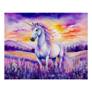 Poster Licorne sous le ciel arc-en-ciel d'un coucher de s