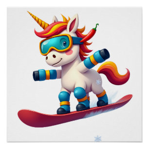 Poster Licorne sur Snowboard - Ski drôle et sports d'hive