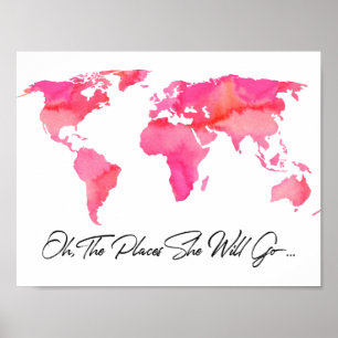 Poster Lieux Où Elle Va Citer Aquarelle Rose Carte Mondia