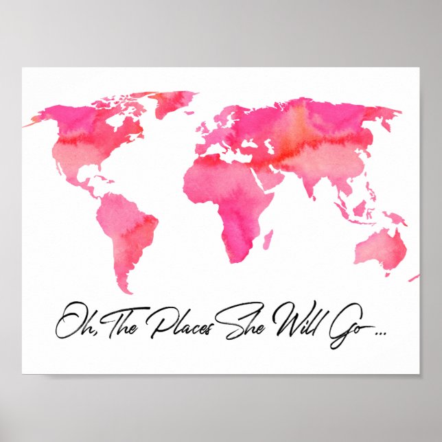Poster Lieux Où Elle Va Citer Aquarelle Rose Carte Mondia (Devant)