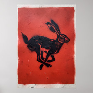 Poster Lièvre noir linogravure rouge Art populaire