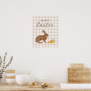 Poster Lièvre rustique et carottes Joyeuses Pâques Gingha
