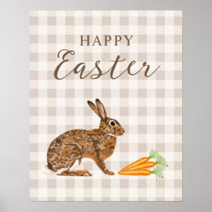 Poster Lièvre rustique et carottes Joyeuses Pâques Gingha
