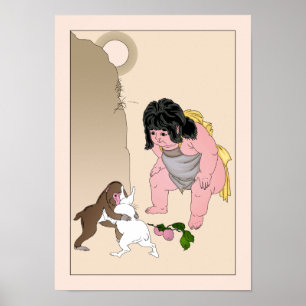 Poster Lièvres et singe luttant par Yoshitoshi