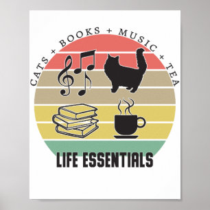 Poster Life Essentials Chats, Thé, Livres, Musique Vintag
