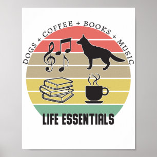 Poster Life Essentials Chiens, Café, Livres, Musique Vint