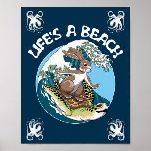 Poster Life is a Beach - Rabbit and Turtle Surfing