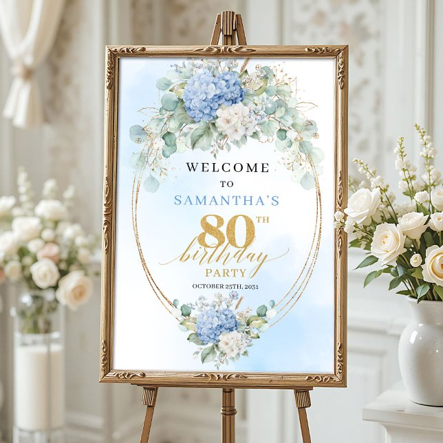 Poster Light Blue Hydrangeas Boho 80th birthday welcome (Light Blue Hydrangeas Boho 80th birthday welcome)