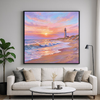 Poster Lighthouse Shore Sunset - Pastel Painting Style