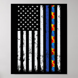Poster Ligne Bleue fine Soutien de la police Autisme 4 Ju