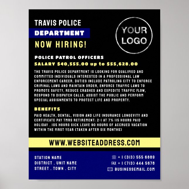 Poster Ligne Bleue & Logo, Agent de police, Recrutement e (Devant)