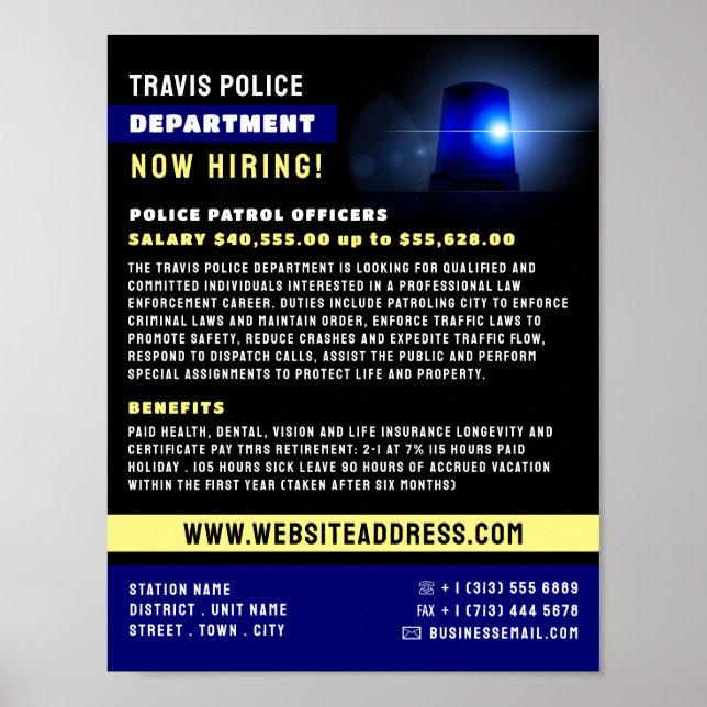 Poster Ligne Bleue & Siren, Recrutement d'agents de polic (Devant)