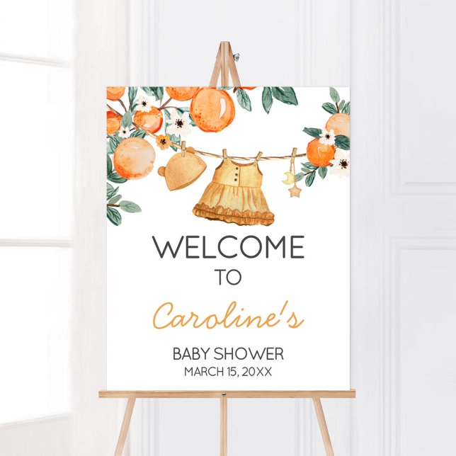 Poster Ligne de linge de bébé Baby shower de fruits orang (Baby Clothesline Orange Baby Shower Welcome Sign)