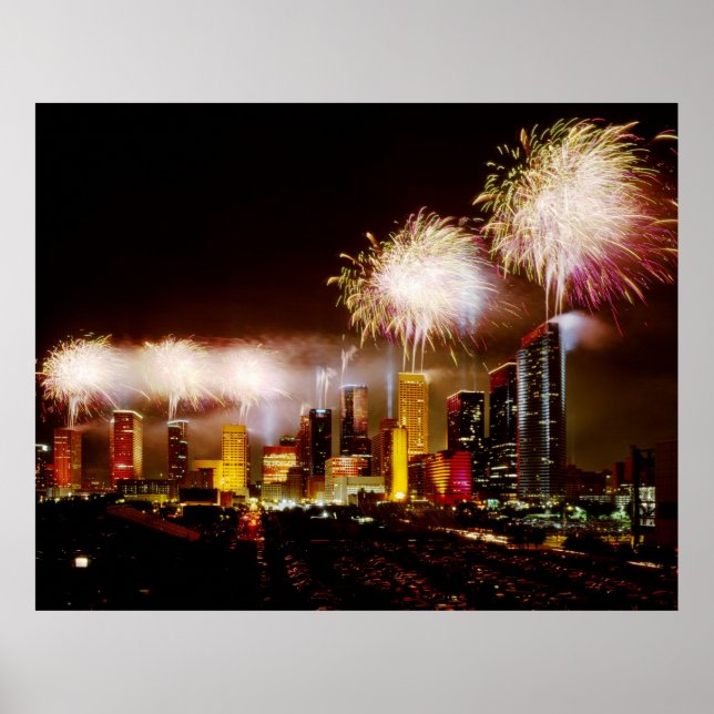 Poster Ligne d'horizon de Houston, Texas avec feux d'arti (Devant)