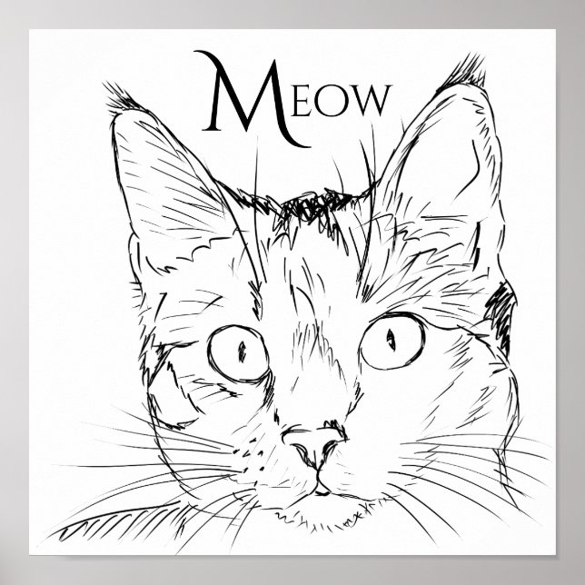 Poster Ligne noire Meow de Chat contemporain tirée (Devant)