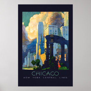 Poster Lignes de Chicago NY Central années 1920 style vin