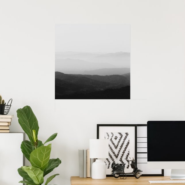 Poster Lignes d'horizon brumeuses noir et blanc (Bureau à domicile)