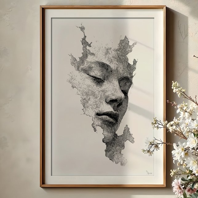 Poster Lignes Hypnotiques : Portrait De Visage Monochrome (Créateur téléchargé)