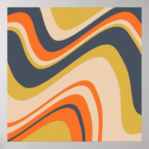 Poster Lignes Vastes Rétro - Orange, Marine, Jaune, Beige