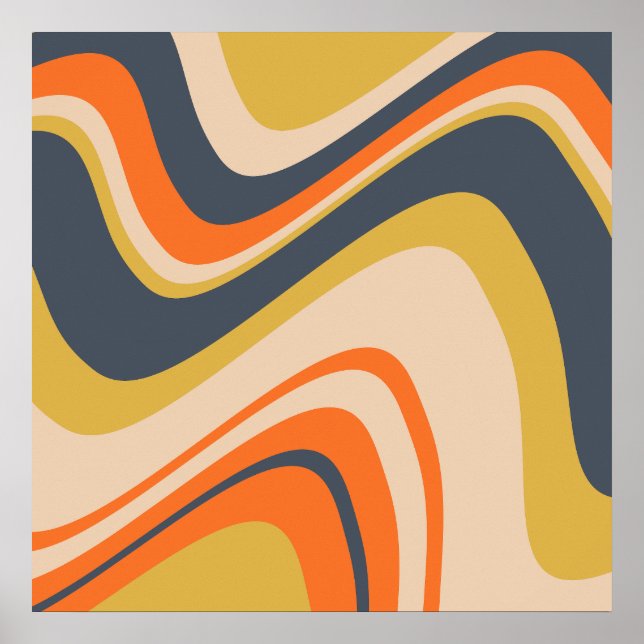 Poster Lignes Vastes Rétro - Orange, Marine, Jaune, Beige (Devant)