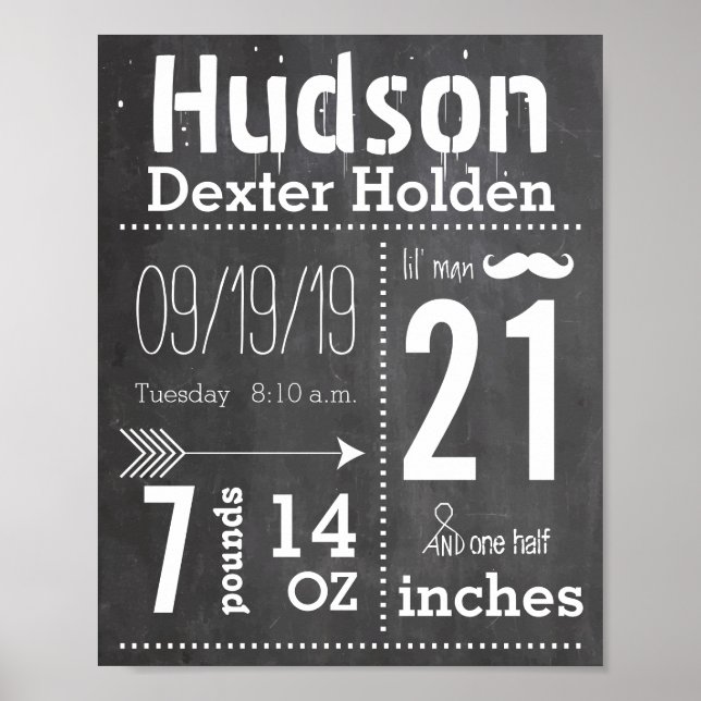 Poster Lil Man Mustache Chalkboard Garçon Baby Stat Flèch (Devant)