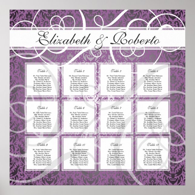 Poster Lilac Damask 12 Table Mariage Plan de siège Tablea (Devant)