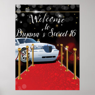 Poster Limousine blanche tapis rouge fête Hollywood Sweet