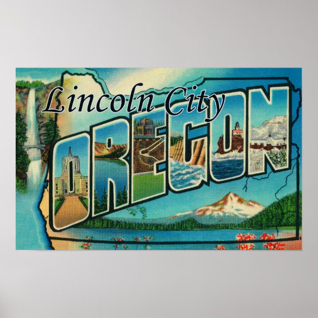 Poster Lincoln City, Oregon - Scènes de grandes lettres (Devant)
